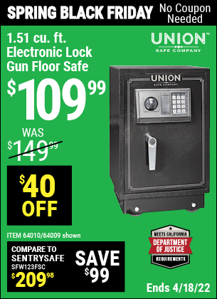 Buy the UNION SAFE COMPANY 1.51 cu. ft. Electronic Lock Gun Floor Safe (Item 64009) for $109.99, valid through 4/18/2022.