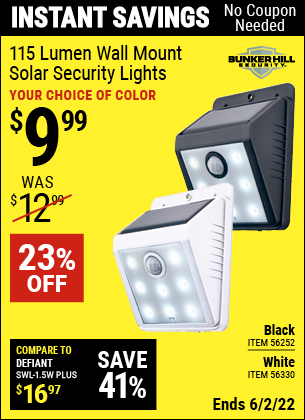 Buy the BUNKER HILL SECURITY Wall Mount Security Light (Item 56252/56330) for $9.99, valid through 6/2/2022.