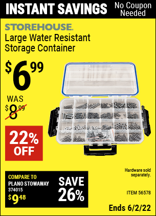 Buy the STOREHOUSE Large Organizer IP55 Rated (Item 56578) for $6.99, valid through 6/2/2022.