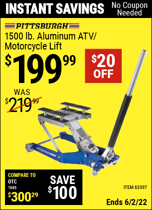Buy the PITTSBURGH AUTOMOTIVE 1500 lb. Capacity ATV / Motorcycle Lift (Item 63397) for $199.99, valid through 6/2/2022.