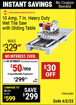 Buy the DIAMONDBACK 7 in. Heavy Duty Wet Tile Saw with Sliding Table (Item 64683) for $299.99, valid through 6/2/2022.