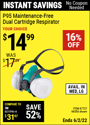 Buy the GERSON P95 Maintenance-Free Dual Cartridge Respirator Medium (Item 66554/67727) for $14.99, valid through 6/2/2022.