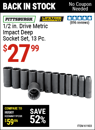 Buy the PITTSBURGH 1/2 in. Drive Metric Impact Deep Socket Set 13 Pc. (Item 61903) for $27.99, valid through 5/29/2022.