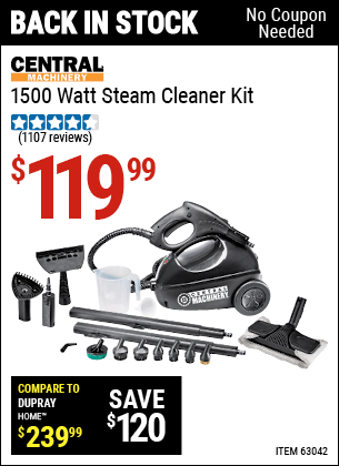 Buy the CENTRAL MACHINERY 1500 Watt Steam Cleaner Kit (Item 63042) for $119.99, valid through 5/29/2022.
