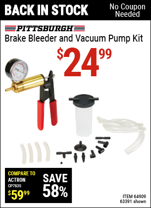 Buy the PITTSBURGH AUTOMOTIVE Brake Bleeder and Vacuum Pump Kit (Item 63391/64909) for $24.99, valid through 5/29/2022.