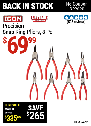 Buy the ICON Precision Snap Ring Pliers 8 Pc. (Item 63841) for $69.99, valid through 5/29/2022.