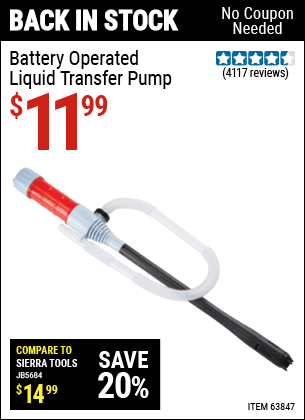 Buy the Battery Operated Liquid Transfer Pump (Item 63847) for $11.99, valid through 5/29/2022.