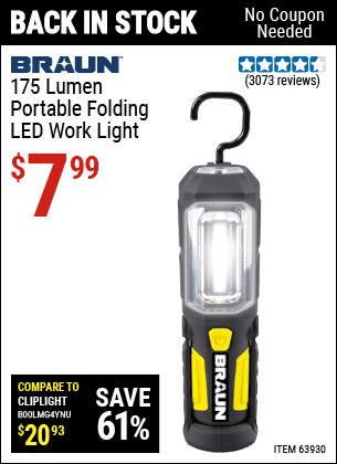 Buy the BRAUN Portable Folding LED Work Light (Item 63930) for $7.99, valid through 5/29/2022.