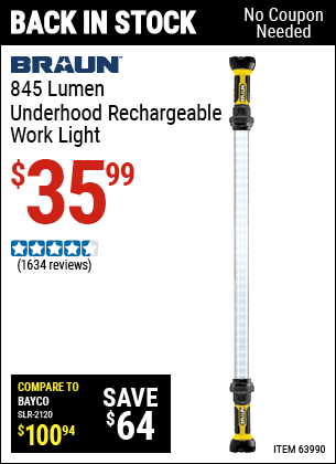 Buy the BRAUN 845 Lumen Underhood Rechargeable Work Light (Item 63990) for $35.99, valid through 5/29/2022.