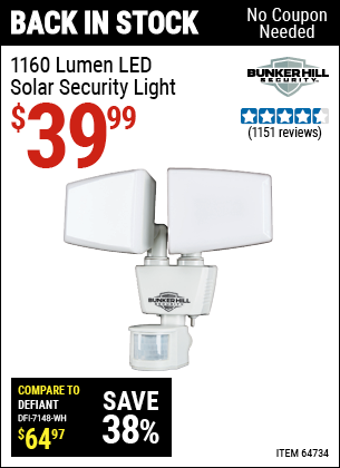 Buy the BUNKER HILL SECURITY 1160 Lumen LED Solar Security Light (Item 64734) for $39.99, valid through 5/29/2022.