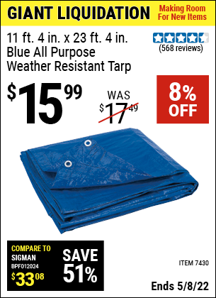Buy the HFT 11 ft. 4 in. x 23 ft. 4 in. Blue All Purpose/Weather Resistant Tarp (Item 07430) for $15.99, valid through 5/8/2022.