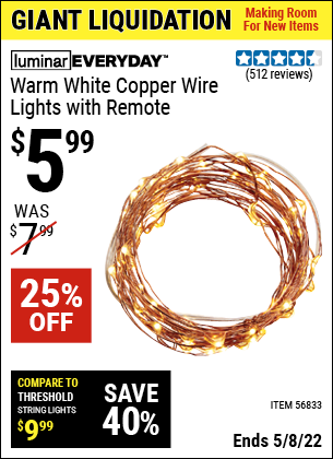 Buy the LUMINAR EVERYDAY Warm White Copper Wire Lights With Remote (Item 56833) for $5.99, valid through 5/8/2022.