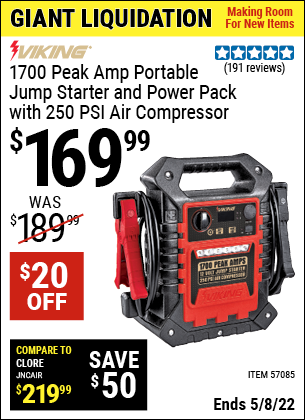 Buy the VIKING 1700 Peak Amp Portable Jump Starter And Power Pack With 250 PSI Air Compressor (Item 57085) for $169.99, valid through 5/8/2022.