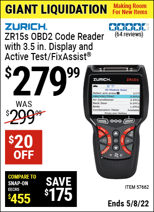 Buy the ZURICH ZR15S OBD2 Code Reader with 3.5 In. Display and Active Test/FixAssist® (Item 57662) for $279.99, valid through 5/8/2022.