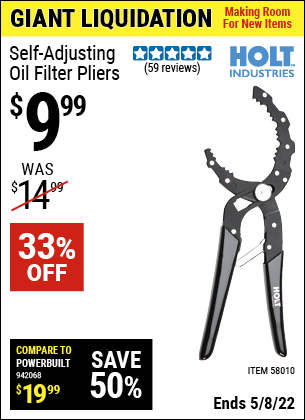 Buy the HOLT INDUSTRIES Self-Adjusting Oil Filter Pliers (Item 58010) for $9.99, valid through 5/8/2022.