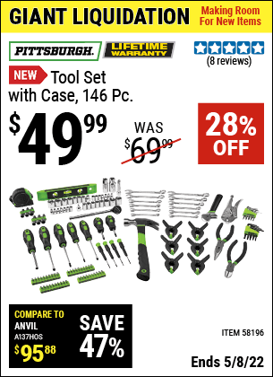 Buy the PITTSBURGH Tool Set With Case – 146 Pc. (Item 58196) for $49.99, valid through 5/8/2022.