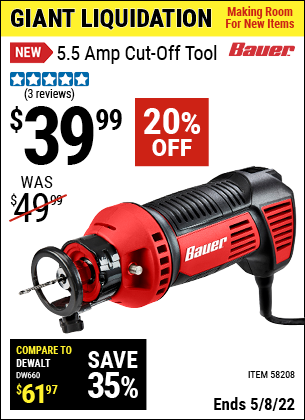Buy the BAUER 5.5 Amp Cut-out Tool (Item 58208) for $39.99, valid through 5/8/2022.
