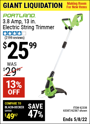 Buy the PORTLAND 13 in. Electric String Trimmer (Item 62567/62338/63387) for $25.99, valid through 5/8/2022.
