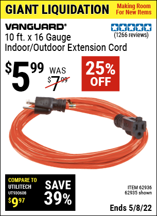 Buy the VANGUARD 10 ft. x 16 Gauge Indoor/Outdoor Extension Cord (Item 62935/62936) for $5.99, valid through 5/8/2022.
