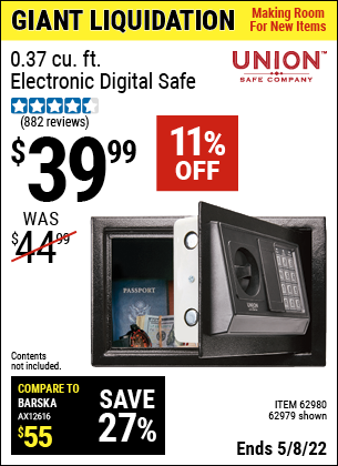 Buy the UNION SAFE COMPANY 0.37 Cubic Ft. Electronic Digital Safe (Item 62979/62980) for $39.99, valid through 5/8/2022.