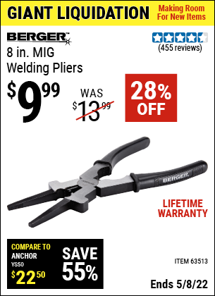 Buy the BERGER 8 in. MIG Welding Pliers (Item 63513) for $9.99, valid through 5/8/2022.