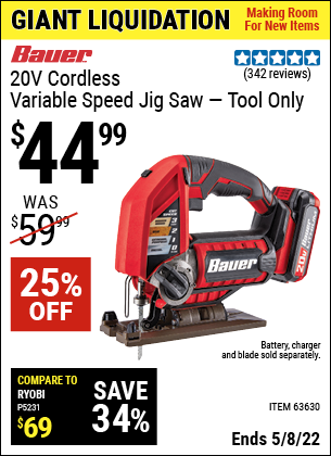 Buy the BAUER 20V Hypermax Lithium Cordless Jig Saw (Item 63630) for $44.99, valid through 5/8/2022.