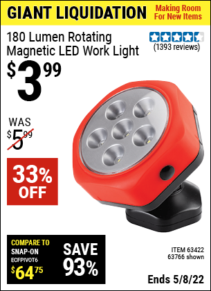 Buy the Rotating Magnetic LED Worklight (Item 63766/63422) for $3.99, valid through 5/8/2022.