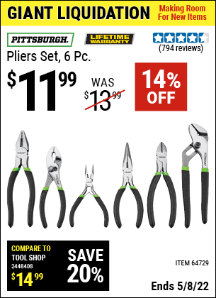 Buy the PITTSBURGH Pliers Set 6 Pc. (Item 63812/63812) for $11.99, valid through 5/8/2022.