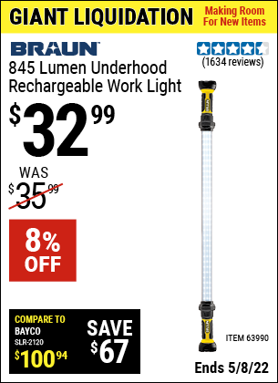Buy the BRAUN 845 Lumen Underhood Rechargeable Work Light (Item 63990) for $32.99, valid through 5/8/2022.
