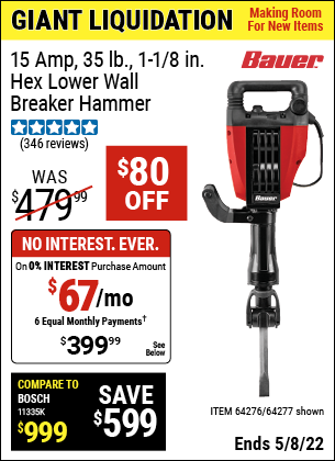 Buy the BAUER 15 Amp 35 lb. Pro Demolition Hammer Kit (Item 64277/64276) for $399.99, valid through 5/8/2022.