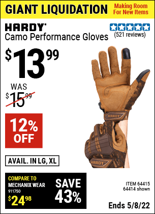 Buy the HARDY Camo Performance Gloves Large (Item 64414/64415) for $13.99, valid through 5/8/2022.