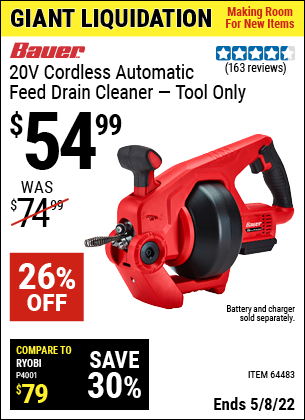 Buy the BAUER 20V Hypermax™ Lithium-Ion Cordless Auto-Feed Drain Cleaner (Item 64483) for $54.99, valid through 5/8/2022.