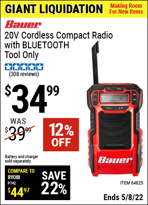 Buy the BAUER 20V Hypermax Lithium Cordless Compact Radio with Bluetooth (Item 64825) for $34.99, valid through 5/8/2022.
