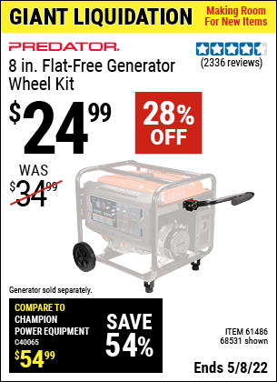 Buy the PREDATOR 8 in. Never-Flat Generator Wheel Kit (Item 68531/61486) for $24.99, valid through 5/8/2022.