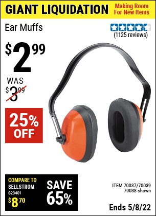 Buy the WESTERN SAFETY Industrial Ear Muffs (Item 70038/70037/70039) for $2.99, valid through 5/8/2022.