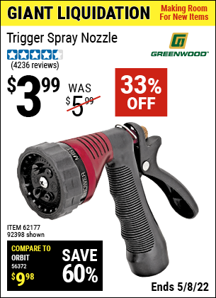 Buy the GREENWOOD Trigger Spray Nozzle (Item 92398/62177) for $3.99, valid through 5/8/2022.