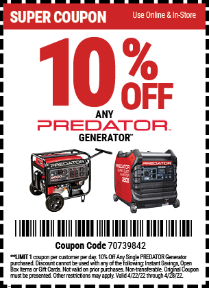 Coupon: 10% Off Any Predator Generator Product thru 4/28