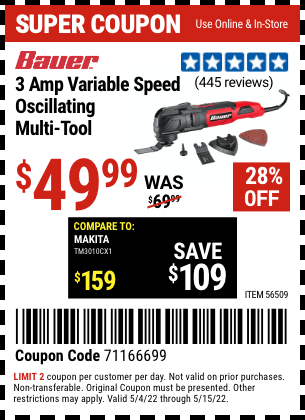 Buy the BAUER 3A Variable Speed Oscillating Multi-Tool (Item 56509) for $49.99, valid through 5/15/2022.