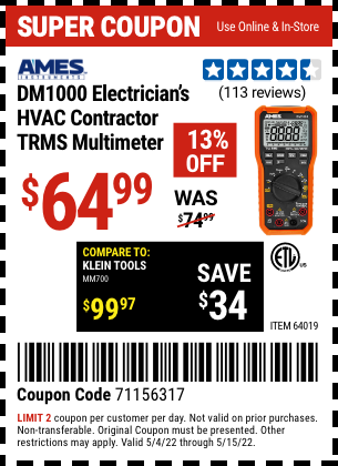 Buy the AMES DM1000 Electrician's HVAC Contractor TRMS Multimeter (Item 64019) for $64.99, valid through 5/15/2022.
