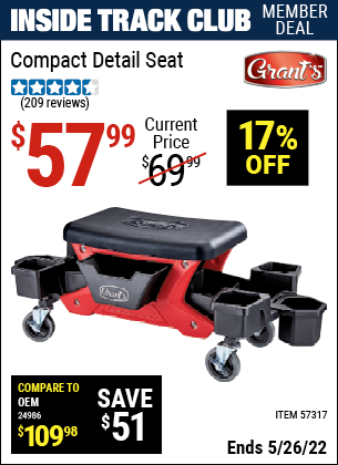 Inside Track Club members can buy the GRANT’S Compact Detail Seat (Item 57317) for $57.99, valid through 5/26/2022.