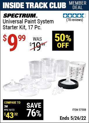 Inside Track Club members can buy the SPECTRUM Universal Paint System Starter Kit – 17 Pc. (Item 57508) for $9.99, valid through 5/26/2022.