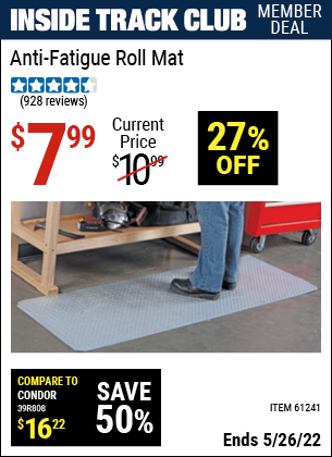 Inside Track Club members can buy the HFT Anti-Fatigue Roll Mat (Item 61241) for $7.99, valid through 5/26/2022.