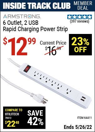 Inside Track Club members can buy the ARMSTRONG 6 Outlet 2 USB Rapid Charging Power Strip (Item 64411) for $12.99, valid through 5/26/2022.