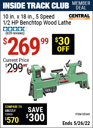 Inside Track Club members can buy the CENTRAL MACHINERY 10 in. x 18 in. 5 Speed 1/2 HP Benchtop Wood Lathe (Item 65345) for $269.99, valid through 5/26/2022.