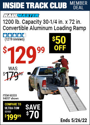 Inside Track Club members can buy the HAUL-MASTER 1200 lb. Capacity 30-1/4 in. x 72 in. Convertible Aluminum Loading Ramp (Item 94057/60333) for $129.99, valid through 5/26/2022.