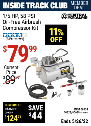Inside Track Club members can buy the CENTRAL PNEUMATIC 1/5 HP 58 PSI Oil-Free Airbrush Compressor Kit (Item 95630/69434/60328) for $79.99, valid through 5/26/2022.