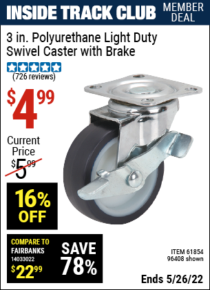 Inside Track Club members can buy the 3 in. Polyurethane Light Duty Swivel Caster with Brake (Item 96408/96408) for $4.99, valid through 5/26/2022.