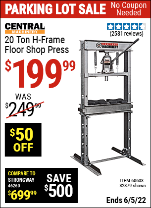 Buy the CENTRAL MACHINERY H-Frame Industrial Heavy Duty Floor Shop Press (Item 32879/60603) for $199.99, valid through 6/5/2022.