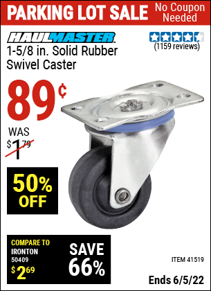 Buy the CENTRAL MACHINERY 1-5/8 in. Rubber Light Duty Swivel Caster (Item 41519) for $0.89, valid through 6/5/2022.