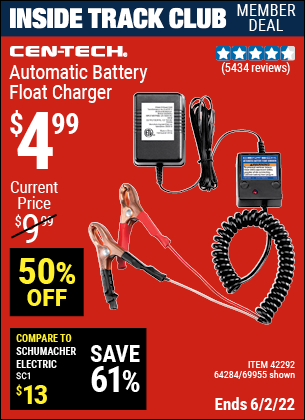 Inside Track Club members can buy the CEN-TECH Automatic Battery Float Charger (Item 42292/42292/64284) for $4.99, valid through 6/2/2022.